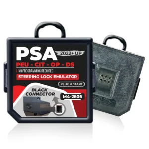 Black connector steering lock emulator for PSA, Peugeot, Citroen, and Opel 2022 and newer vehicles — ideal for ELV/ESL testing and replacement.
